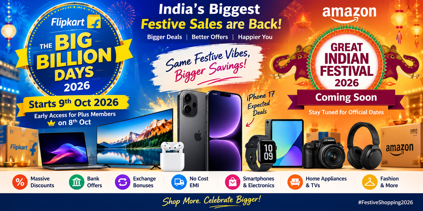 # Flipkart Big Billion Days & Amazon Great Indian Festival 2026: Sale Date, Bank Offers aur iPhone Deals  India ki sabse badi festive online sales ka wait shuru ho gaya hai. **Flipkart Big Billion Days (BBD) 2026** aur **Amazon Great Indian Festival 2026*